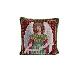 Vintage Angel Needlepoint Petit Point Pillow Green Red Gold Rope Trim Velvet 12"